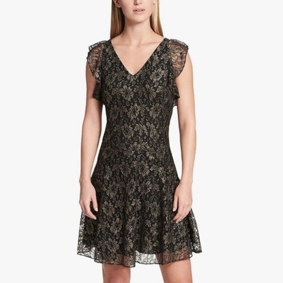 Tommy Hilfiger Black Gold Floral Mesh Lace Dress Flutter Sleeve Dress Sz. 12 - Picture 4 of 14